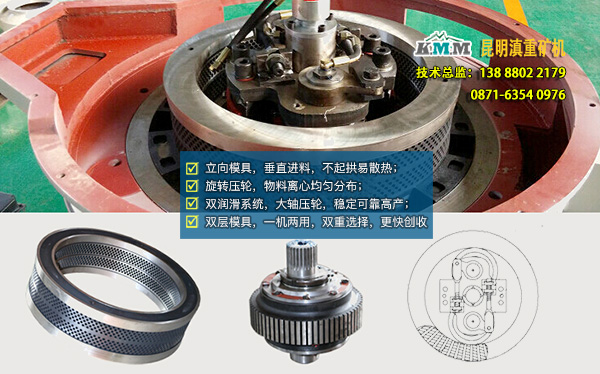 雙層、立向模具、旋轉(zhuǎn)壓輪等顆粒機(jī)內(nèi)部示意圖